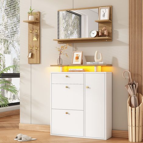 3-teiliges Flurset mit Spiegel, LED-Garderobe und Schuhschrank, 105 x 25 x 151,5 cm (1/5)