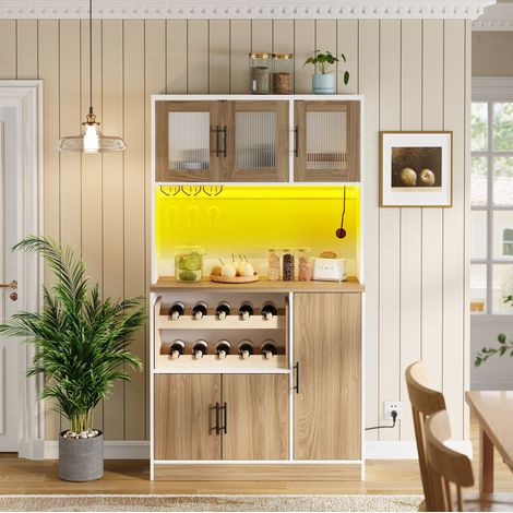 Buffet de cuisine 100x40x180 cm blanc et naturel en MDF avec LED, prises intégrées et range-bouteilles (1/5)