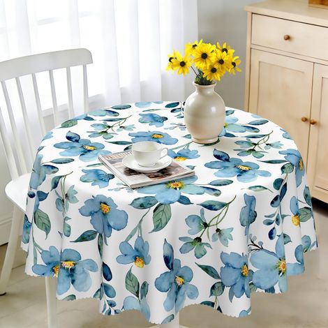 Nappe Ronde 150 Lavable, Nappe Florale à Fleurs Bleues en Polyester pour Jardin, Résistante aux Intempéries, Imperméable, Table Cloth Waterproof pour Cuisine, Table de Jardin, Table à Manger (1/5)