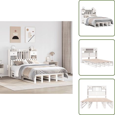 Massivholzbett mit Regal ohne Matratze Weiß 135x190 cm Kiefer - Bett Mit Regal - Bett Mit Bücherregal - Holzbett Mit Regal - Holzbett Mit Bücherregal (1/5)
