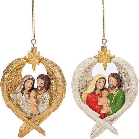(Deux couleurs disponibles) Décoration de Noël religieuse représentant une famille, Jésus, une crèche, la Vierge Marie, des ailes d'ange, et un sapin de Noël (blanc + or) (1/2)
