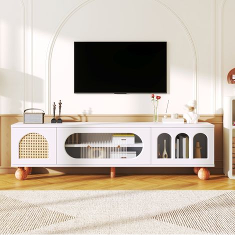 Meuble TV 170x47x37 cm blanc en panneau de particules avec portes effet rotin, porte coulissante en verre et pieds en bois (1/5)