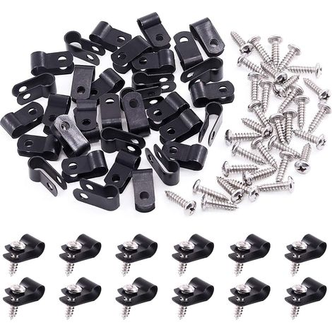 Lot de 120 pinces à câble en nylon noir de type R de 6 mm, kit de serrage en nylon avec 120 vis pour la gestion des fils (6 mm, noir) (1/5)