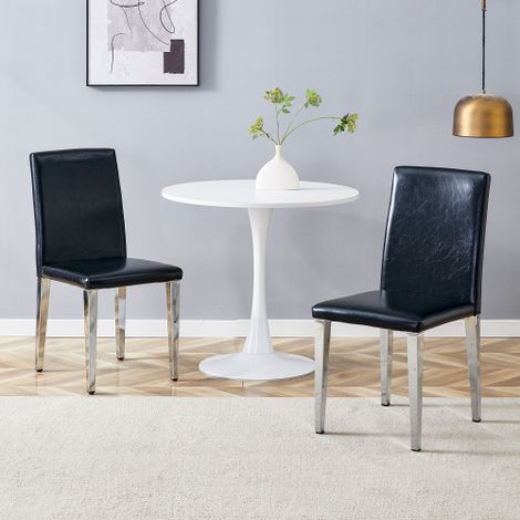 [Chaises de salle à manger minimalistes – Lot de 2] (Noir et Argent) : Cuir PU noir + Pieds en métal argenté — Idéalement adaptées aux salles à manger modernes, aux salons et à divers autres espaces. (1/5)