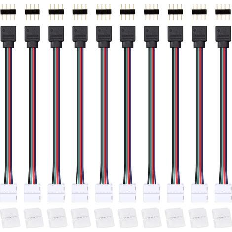 Connecteur LED RVB mâle vers câble femelle, bande 4 broches de 10 mm de large vers cordon adaptateur de contrôleur, connecteurs de bande lumineuse LED 4 broches (lot de 10) (1/5)