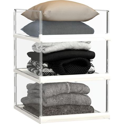 Lot de 3 organisateurs de placard empilables et étagères de rangement - Organisateur transparent pour pulls, idéal pour placard, salle de bain, cuisine, armoire, buanderie et bureau (1/5)