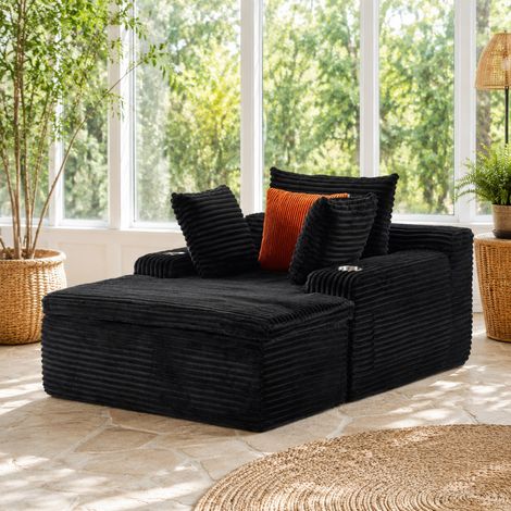 Divano da pavimento chaise longue 165 x 112 x 63 cm in velluto a coste nero DESVIAE (1/5)
