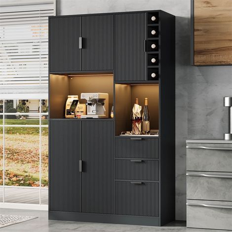 Buffet de Cuisine avec Éclairage LED et Prises - 105x40x180cm - Meuble de Rangement Haut avec Porte-Bouteilles et 3 Tiroirs - Noir (1/5)