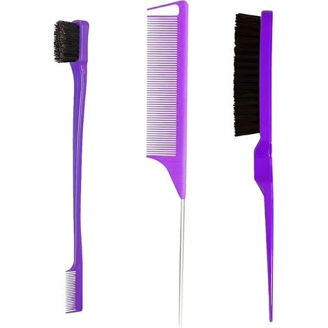 Hair Comb, 3 Piece Set Tease Brush, Double Edge Comb, Hairstyling Brush, Rat Tail, for Home, Hairdressers (Purple)