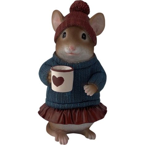 Dekofigur Maus mit Tasse klein 18,5 x 10,5 cm blau/braun