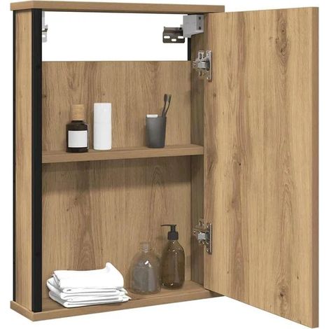 Miroir de Salle de Bain avec Armoire de Rangement en Chêne Massif, Meuble Mural 42x12x60 cm, Étagère Organisateur pour WC et Toilettes (1/5)