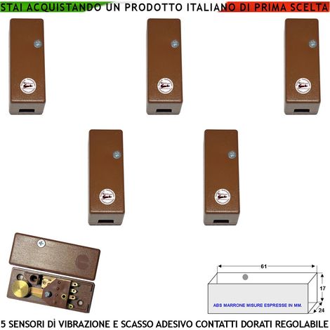 Rilevatore di Vibrazioni Continue e Scasso 5 Pezzi Per Antifurto Via Filo Di Inferriate Porte Infissi Vetrate Con Martelletto Regolabile Segnale Allarme NC Tamper Contenitore Adesivo ABS Marrone IP30 (1/4)
