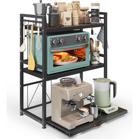 etagere micro onde cuisine rangement extensible, support pour micro-ondes à 3 niveaux,rangement plan de travail cuisine,support pour four avec tiroirs et 8 Crochets, Noir (1/5)