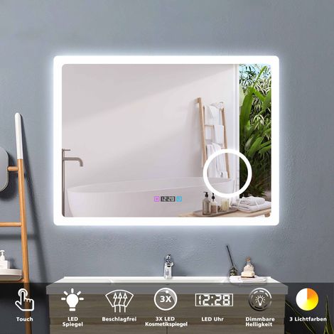 80 x 60 cm LED Spiegel+Beschlagfrei+Uhr+3 Lichtfarben Dimmbar+Kosmetikspiegel+Farbtemperatur und Helligkeit Memory Funktion