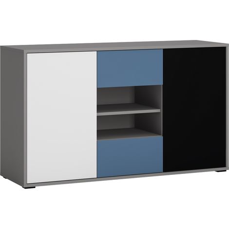 Sideboard Kommode Jugendzimmer LIIVA-129 in grau mit schwarz, weiß, blau, B/H/T: ca. 125,7/74,2/40 cm (1/4)