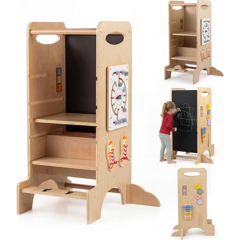 Costway – Tour d'apprentissage enfants en bois – Hauteur réglable 3 niveaux – Chevalet avec tableau noir – Sécurité renforcée avec barrières en hêtre