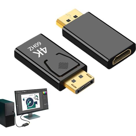 2-Pack DisplayPort to HDMI 4K 60Hz Adapters – DP Male to HDMI Female Converter – HDR, HDCP 2.2, 3D, Plug & Play – Compatible with Laptop, HD TV, Projector – Unidirectional (1/5)