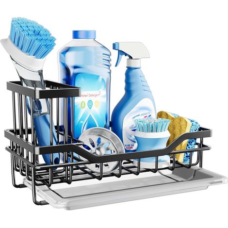 Organisateur d'évier de cuisine avec bac d'égouttage, porte-éponge multifonction pour évier de cuisine avec porte-brosse amovible, organisateur d'évie (1/4)