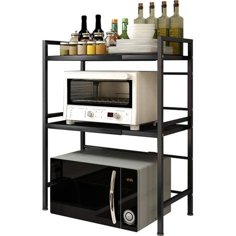 Soporte Extensible para Horno de Microondas, Soporte Microondas, Multifuncional Organizador Estanteria Cocina 2 niveles, Negro