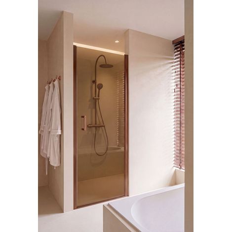 Porte de douche OWEN pivotante 90x195 cm BASS verre fumé brun + encadrement, profilé et poignée cuivre brossé (1/5)