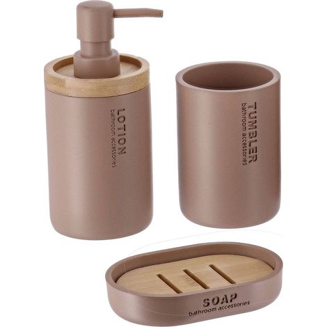 Set gobelet distributeur a savon et porte savon polyresine - cappuccino/bambou - Tendance (1/2)