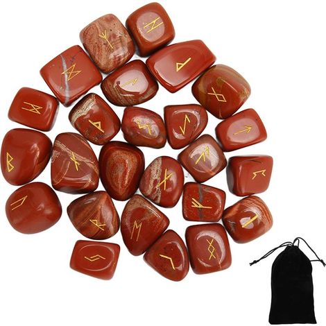 Set aus 25 polierten, gravierten Runensteinen mit altem Alphabet, Glücksbringer, Heilchakra, roter Stein, perfekt als Einzugsgeschenk (1/5)