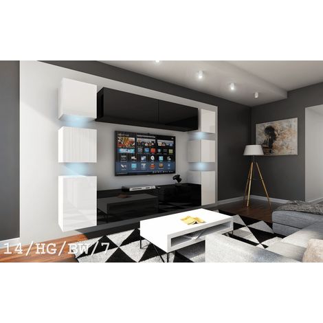 Ensemble meuble TV CONCEPT 14-14-HG-BW-7 blanc-noir brillant 256 cm