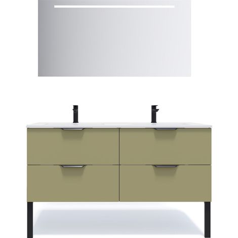 Meuble de salle de bain suspendu double vasque intégrée 140cm 4 tiroirs Vert olive + miroir - Soho (1/5)