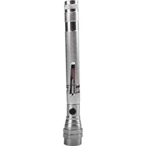 Torcia LED portatile con braccio telescopico, elastico e retrattile e testa magnetica (flash), batteria (inclusa), colore argento
