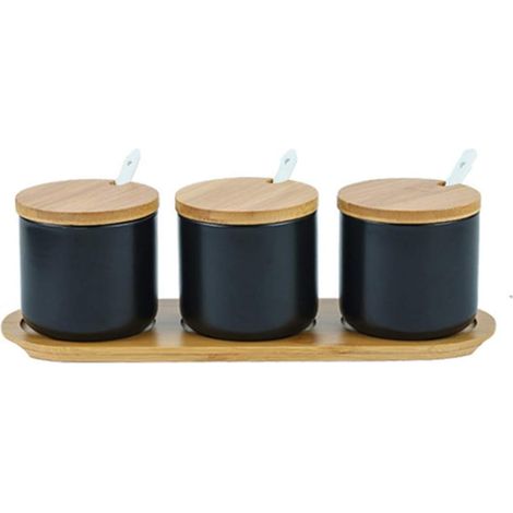 Lot de 3 - Pot à épices - Sucrier en céramique - Rangement condiments avec cuillère et plateau bambou - Cuisine salle à manger - Blanc - 260ml