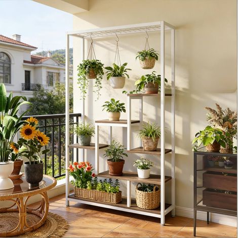 Estantería para plantas 100 x 30 x 180 cm, 7 niveles, 6 ganchos S, metal y madera beige DESVIAE (1/5)