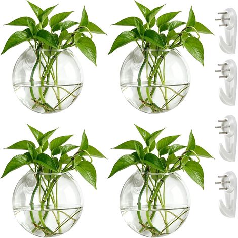 (4 Stück, 10 cm Durchmesser) Runde, wandhängende Glaspflanzgefäße mit Haken, ideal für Eingangsbereich, Schlafzimmer, Wohnzimmer, Garten oder Büro. (1/5)