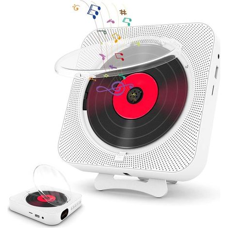 Reproductor de CD portátil con Bluetooth, altavoz HiFi, soporte de pared, reproductor de música USB/AUX, blanco (1/5)