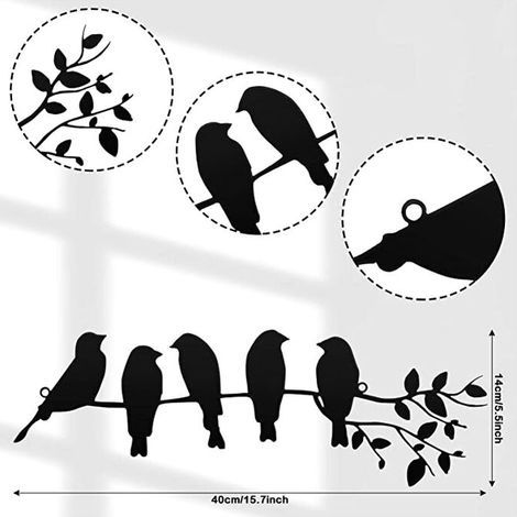 Tenture murale en métal oiseau décoration murale feuille et oiseau en métal sculpture oiseau silhouette tenture murale (noir) (1/5)