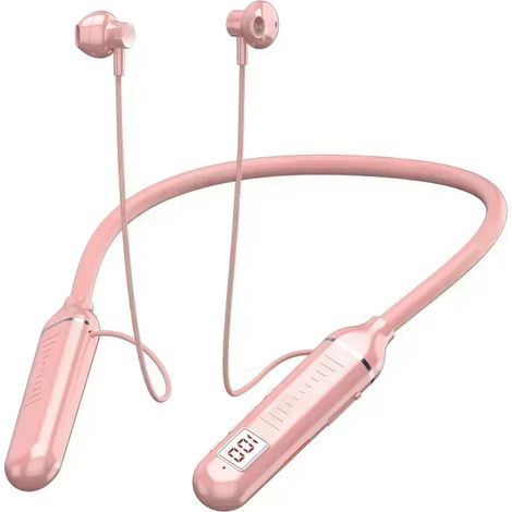 (Rose) Écouteurs tour de cou sport, Bluetooth, gaming, indicateur de batterie LED, microphone, stéréo HiFi, compatible carte TF. (1/5)