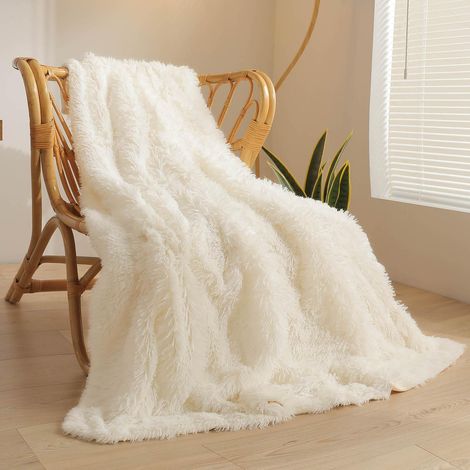 Jeté en fausse fourrure douce ivoire, 127 x 152,4 cm, ivoire à poils longs, couverture décorative pour canapé, bureau, chambre à coucher, salon (beige) (1/5)