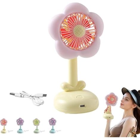 Mini ventilateur portable rechargeable par USB avec lumière LED, petit ventilateur en forme de fleur, réglable à 2 vitesses, flux d'air puissant, faible bruit pour camping, voyage, bureau (jaune) (1/5)