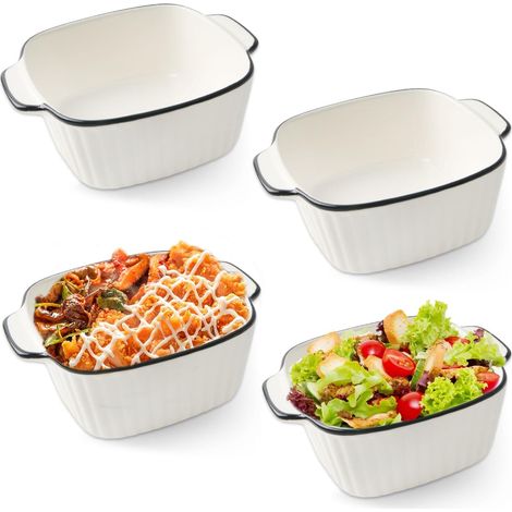 Lot de 4 plats à gratin avec poignées - 400 ml - Petit moule en céramique - Blanc - Pour four, lasagnes, gratins, pâtes, desserts (1/4)