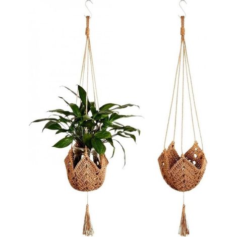 Suspension pour plantes en jute - Suspension pour plantes en macramé - Création artisanale au crochet - Longueur de corde ajustable - Matière jute naturelle - Lot de 2 - Décoration intérieure et extér (1/5)