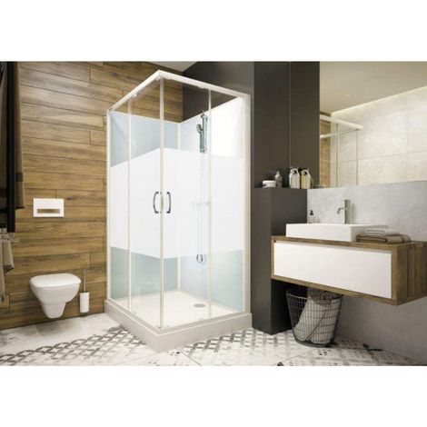 Cabine de douche 90x90cm IZIGLASS 2 carrée portes d'angle coulissantes verre opaque central - Leda