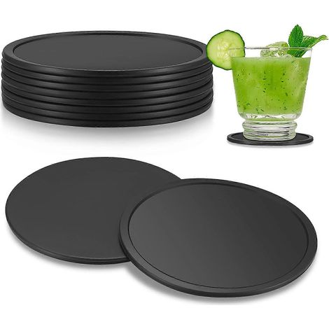 Lot de 8 sous-verres en silicone noirs ronds pour boissons, antidérapants, pour tasses à café, bières et verres à vin, pour la maison et le bar. (1/4)