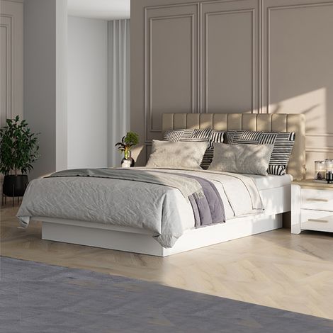 Cama Doble Byron, Dimensión del Colchón 180x200 cm, Cabecera Acolchada, Tapizada, Blanco (1/5)