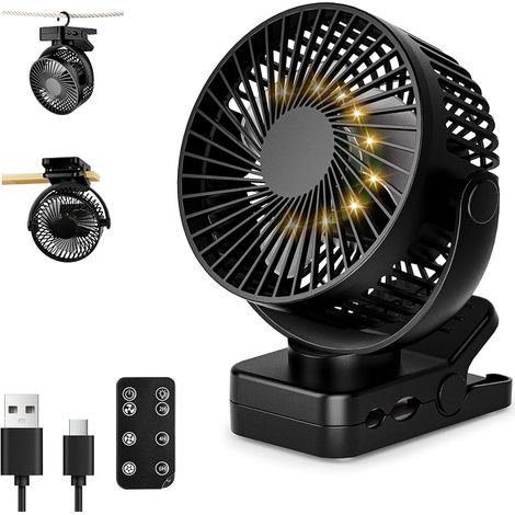 Ventilateur portable rechargeable 12 000 mAh avec pince, télécommande, 44 h, silencieux, 3 vitesses, lumière LED, 360°, minuteur, pour bureau, camping, poussette et camping-car (1/5)