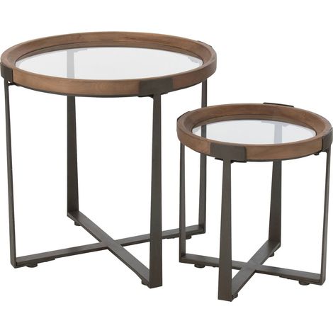 Table basse ronde verre et bois naturel style contemporain - Bois naturel et noir avec verre transparent (1/5)