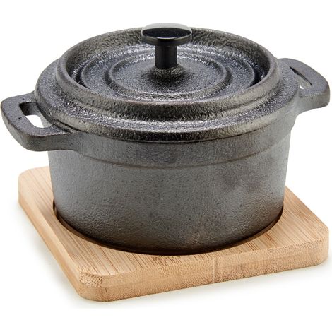 Gusseiserner Topf mit Bambusuntersetzer, 13 x 10 x 8 cm (1/3)