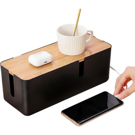 Kabelmanagement-Box mit Bambusdeckel, kleine Kabel-Organizer-Box für Verlängerungskabel, Netzstreifen, Überspannungsschutz, Drahtmanagement, Concealer, Abdeckung, Versteck - Schwarz (1/5)