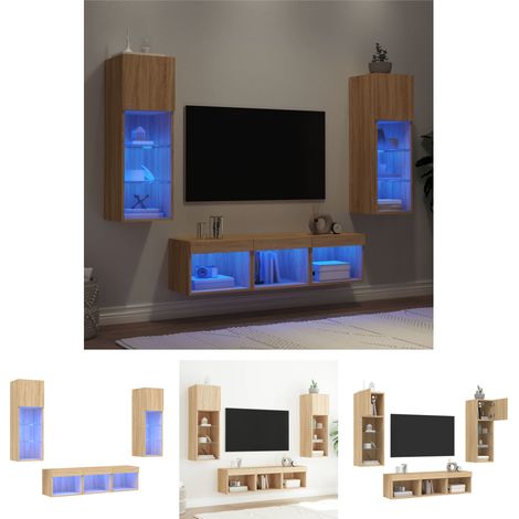 The Living Store 5-tlg. Wohnwand mit LED-Beleuchtung Sonoma-Eiche Holzwerkstoff - TV-Möbel (1/5)