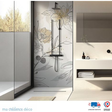 Panneau de douche : Fleurs élégantes en aquarelle - Couleur Beige ivoire - Alu composite - 100 - 245 (1/4)