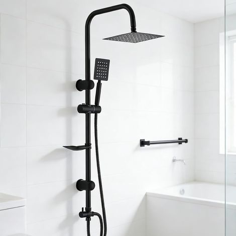 Colonne de Douche Acier Inoxydable avec Étagère Douche, Kit Complet Salle de Bain avec Barre de Douche INOX 92 cm Ensemble, Douchette à Main et Tuyau, Réglable, sans Mitigeur (1/5)