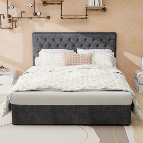 Letto matrimoniale 140x200cm Design moderno Rivetti Pistone a gas Spazio sotto il letto Tessuto e metallo Grigio (Senza materasso) (1/5)